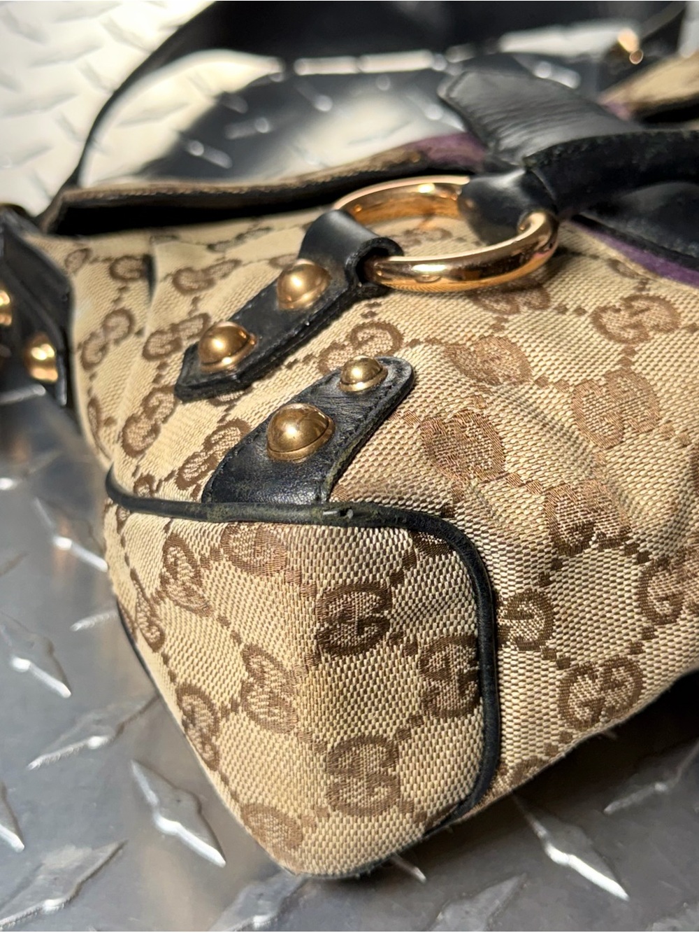 Gucci Vintage 1955 Horsebit Canvas GG Shoulder Bag in Brown/Purple - Picture 4 of 11